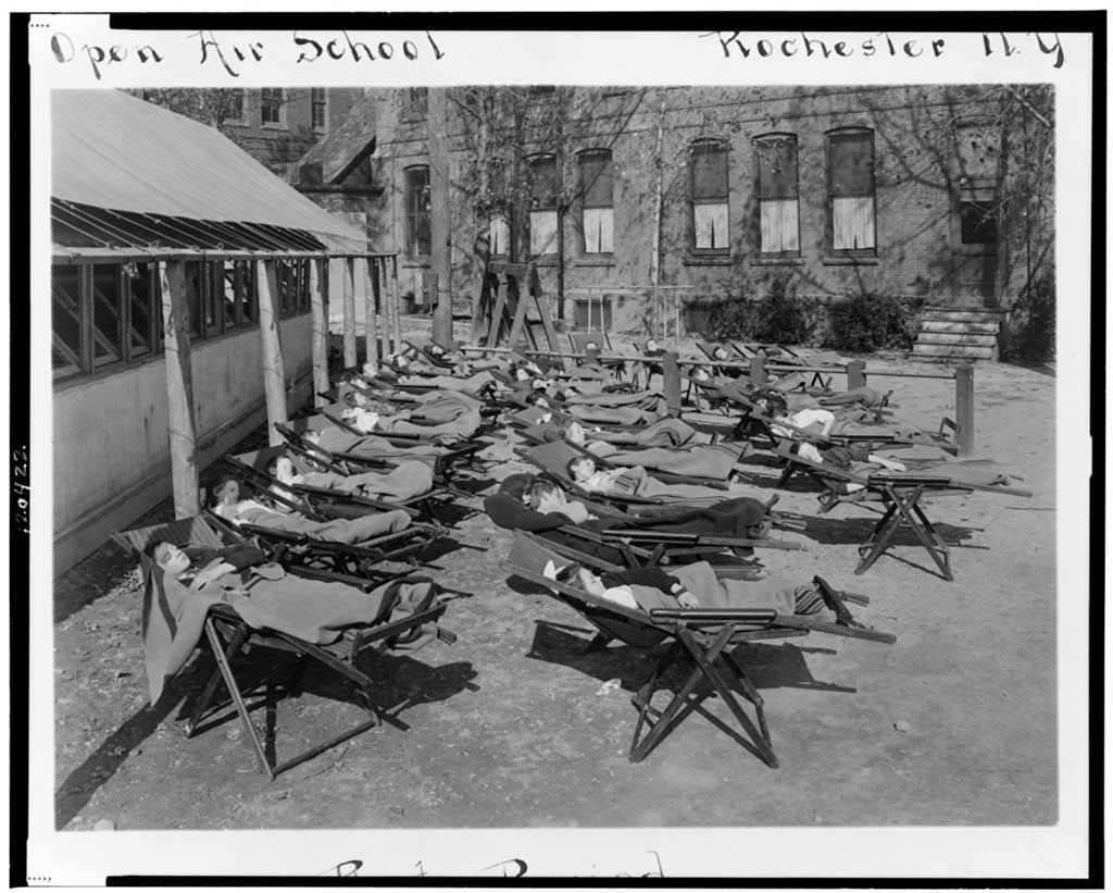 An open air school in Rochester, New York during rest period in 1912.